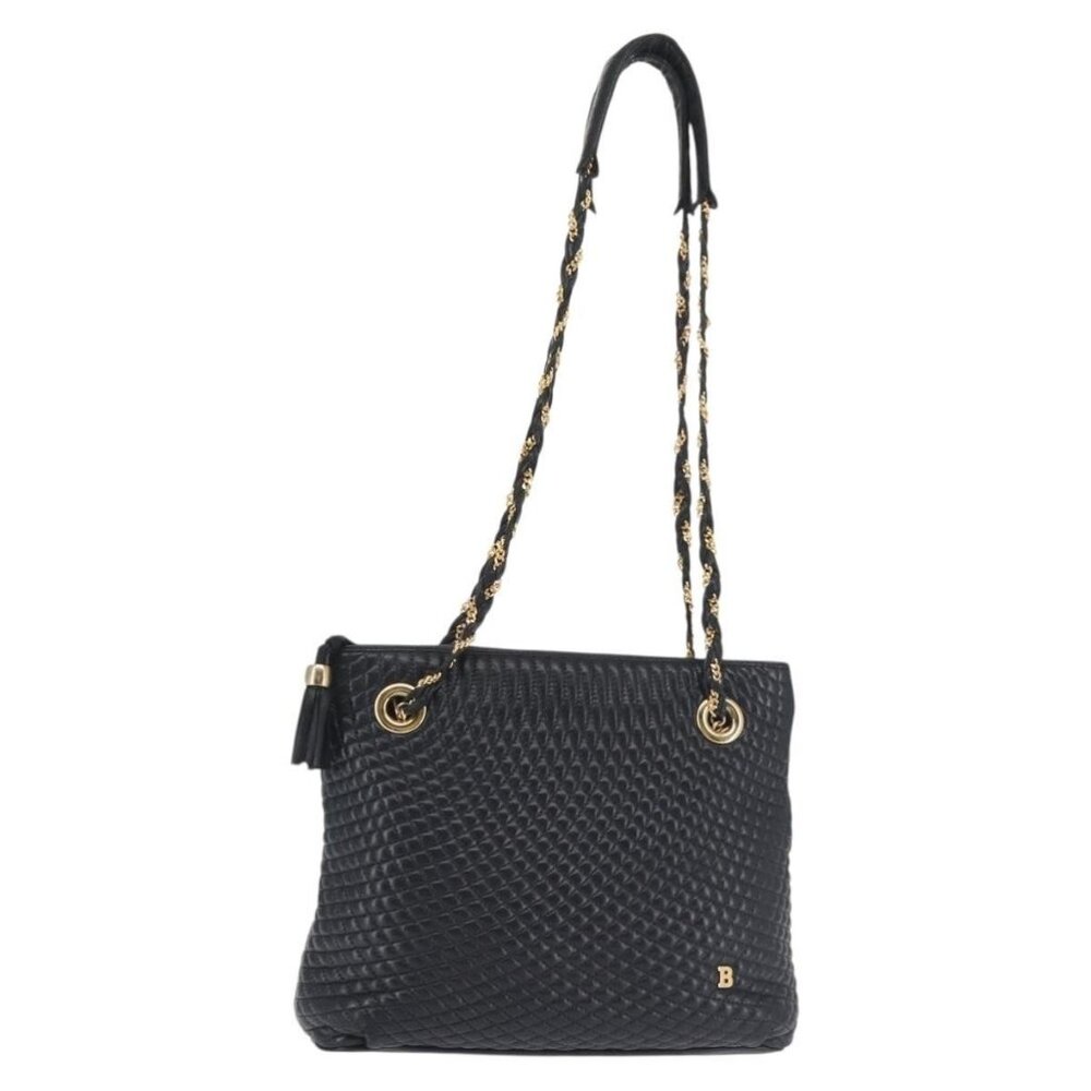 Authentic BALLY Chain Shoulder Bag Leather Navy Gold